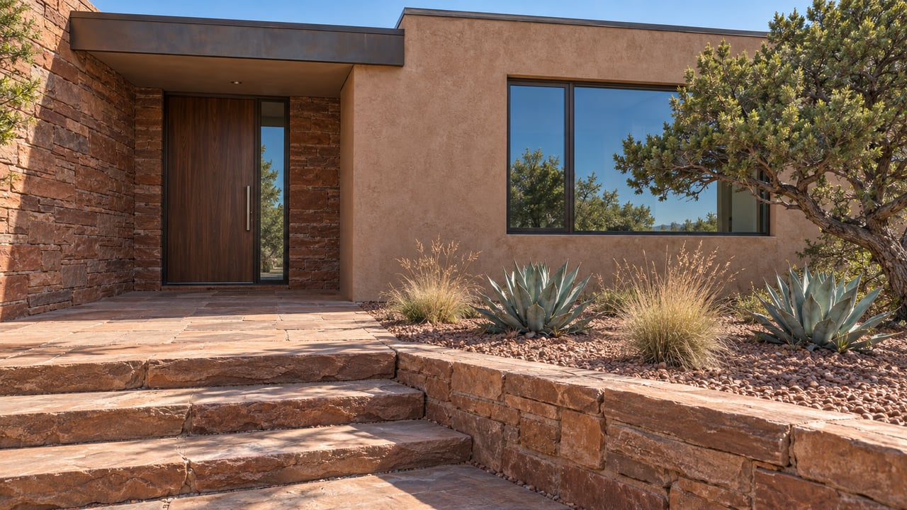 Earth-toned home with a recessed sandstone entry, bronze-framed window, broad stone steps, and a terraced garden of juniper, agaves, and grasses.