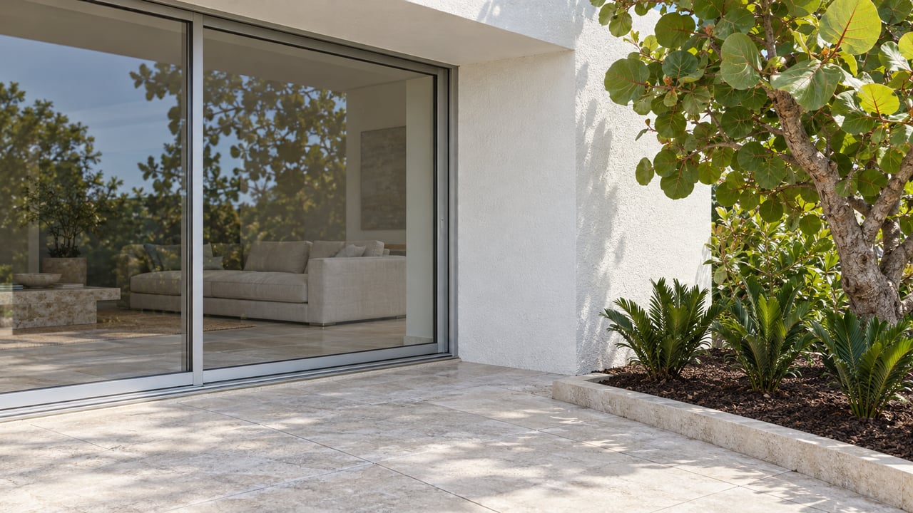 Sunlit white stucco and closed aluminum-framed glass doors beside a weathered limestone terrace and a sculptural seagrape tree.