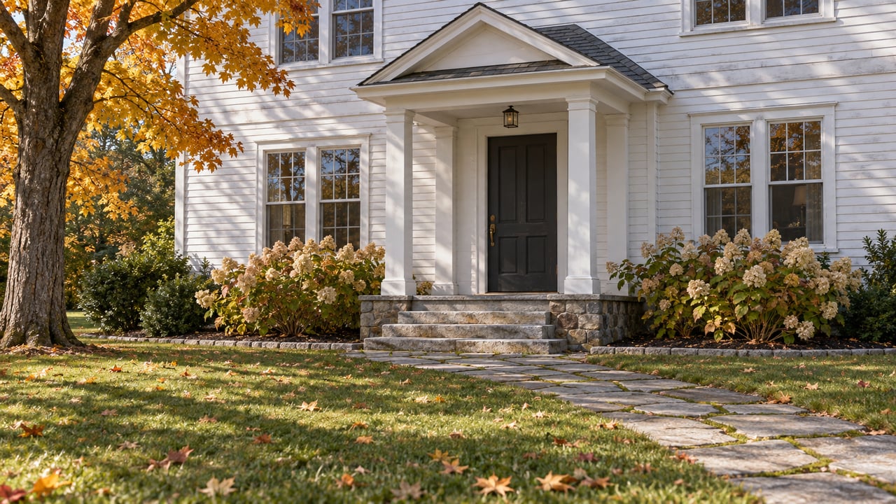 White clapboard home with a granite entry, autumn maple, dried hydrangea blooms and a deep front lawn.