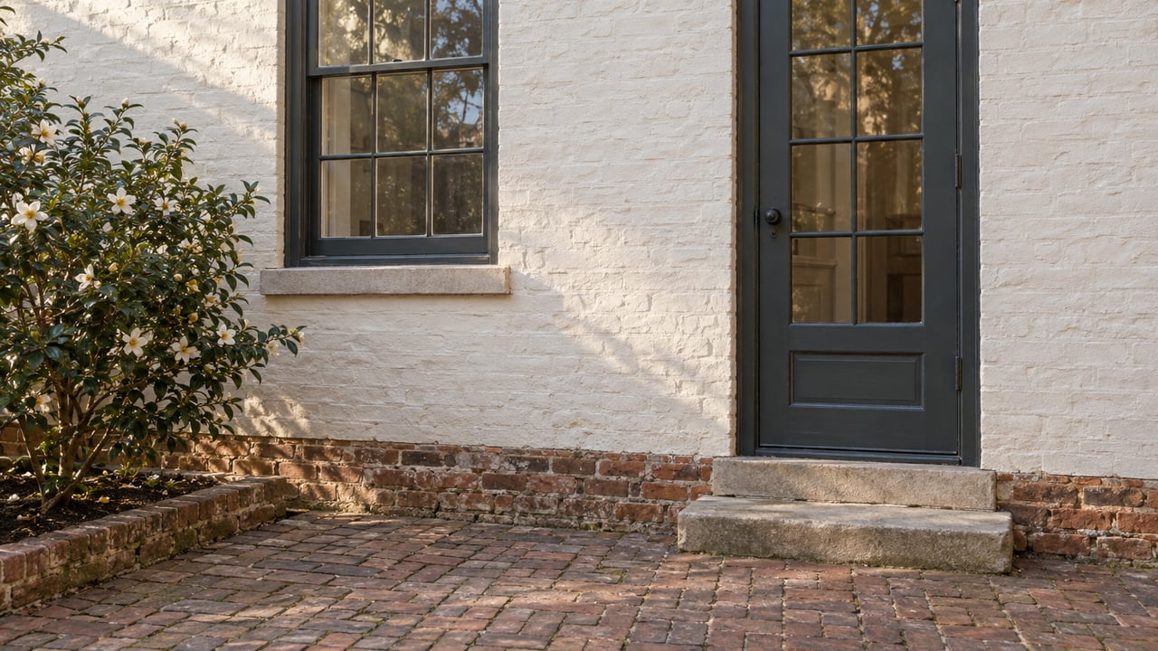 Whitewashed courtyard wall with sash window, glazed timber door, brick paving, and a camellia in a raised bed.