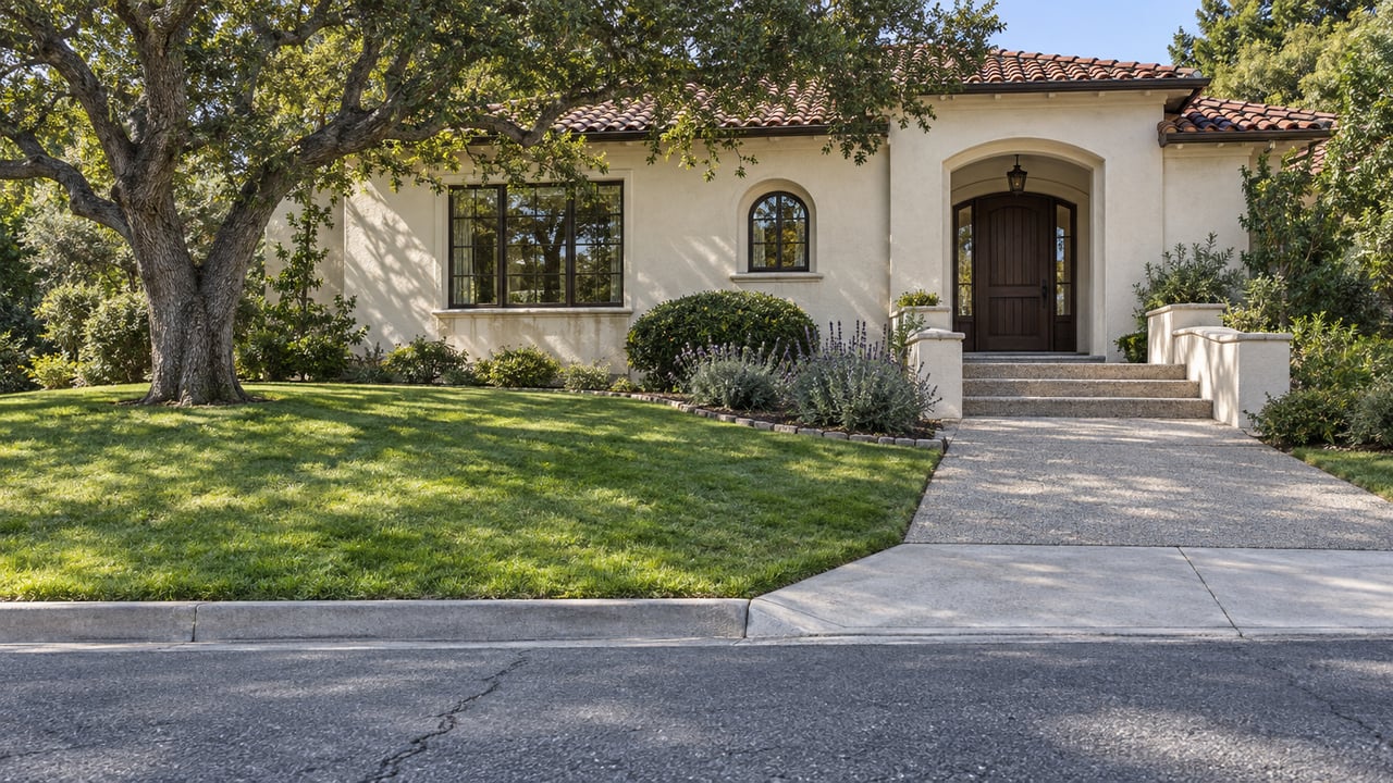 Cream stucco home with a red clay tile roof, mature oak, broad lawn and stepped entry beyond an aged asphalt lane.