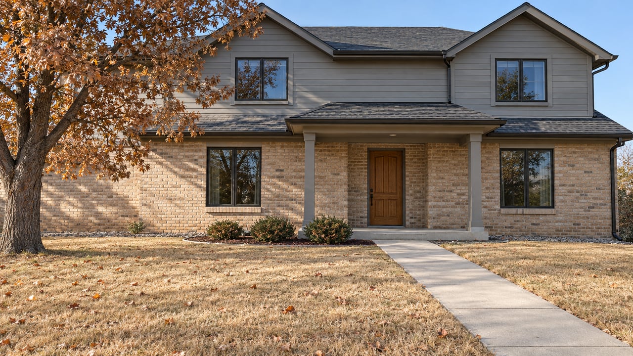 A gabled home with gray siding and buff brick stands beyond a tawny autumn lawn, with a copper-leaved oak beside the front walk.