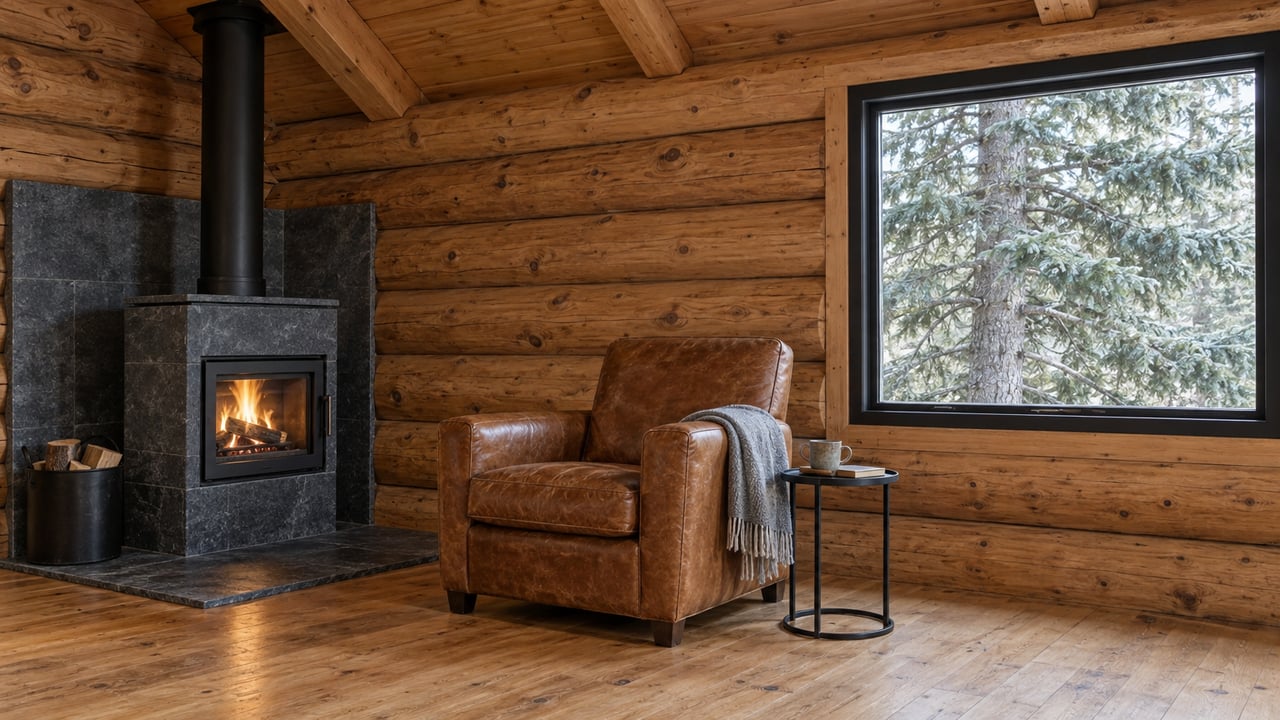 Timber great room with a black-framed window, soapstone hearth, leather armchair, and spruce branches outside.