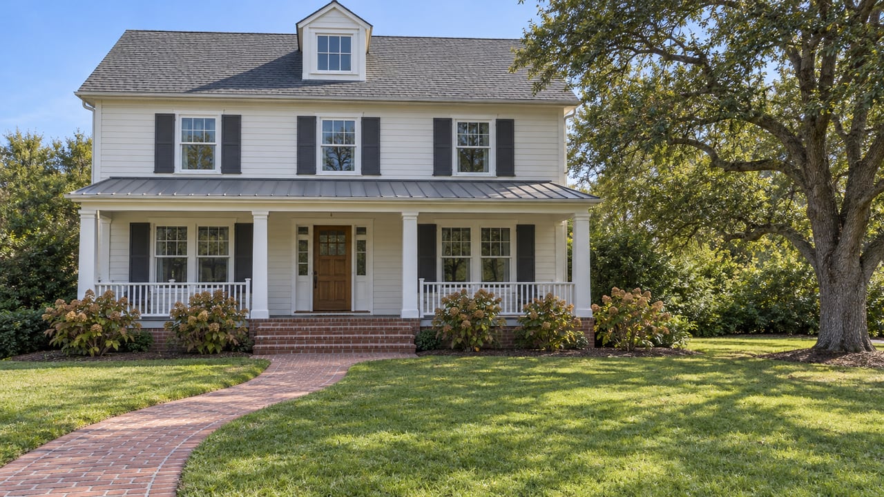 Ivory two-story home with a covered front porch, brick approach and deep lawn beneath a spreading live oak.
