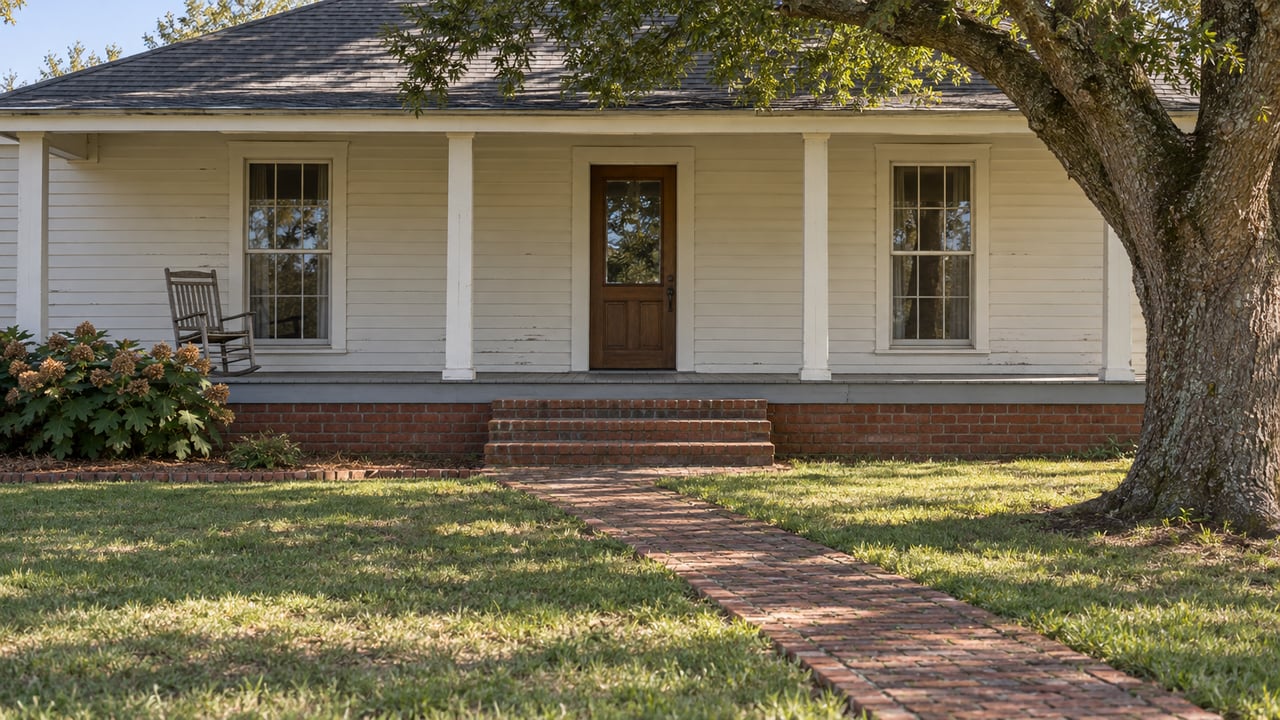 An older ivory farmhouse with a raised timber porch, brick steps, and a broad uneven lawn beneath a spreading oak.