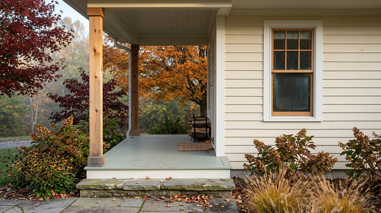 Rural cottage porch with a cedar post, sage-painted floor, flagstone step, fallen leaves, and autumn trees.