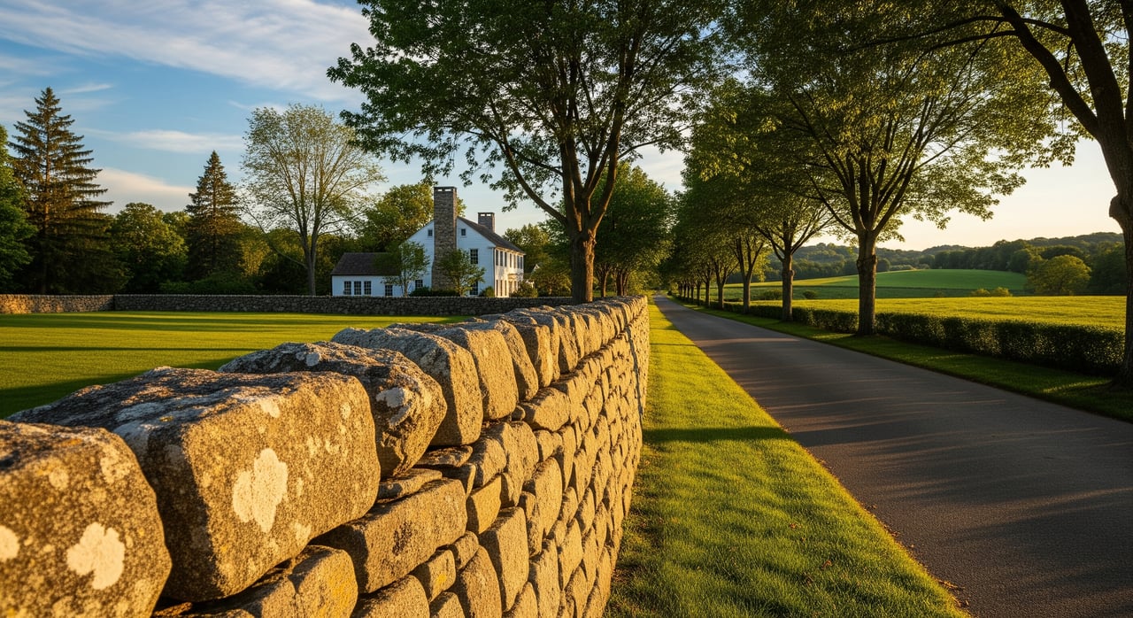 Stone wall borders a tree-lined country road, with a white farmhouse and green fields beyond.