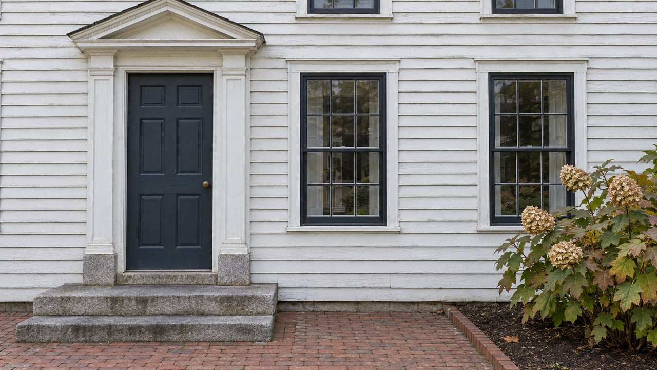 White clapboard home with a blue-gray paneled door, paired sash windows, worn granite steps and a small oakleaf hydrangea bed.