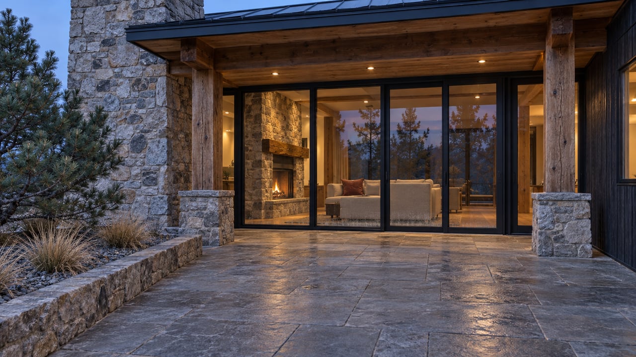 A stone and timber home with warm light behind full-height windows, a broad stone terrace and a sculptural pine at dusk.