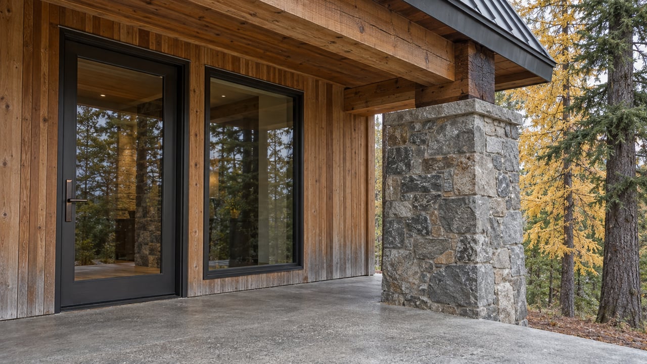 Covered cedar entry with a glazed bronze-framed door, stone pier and golden larch beyond the landing.