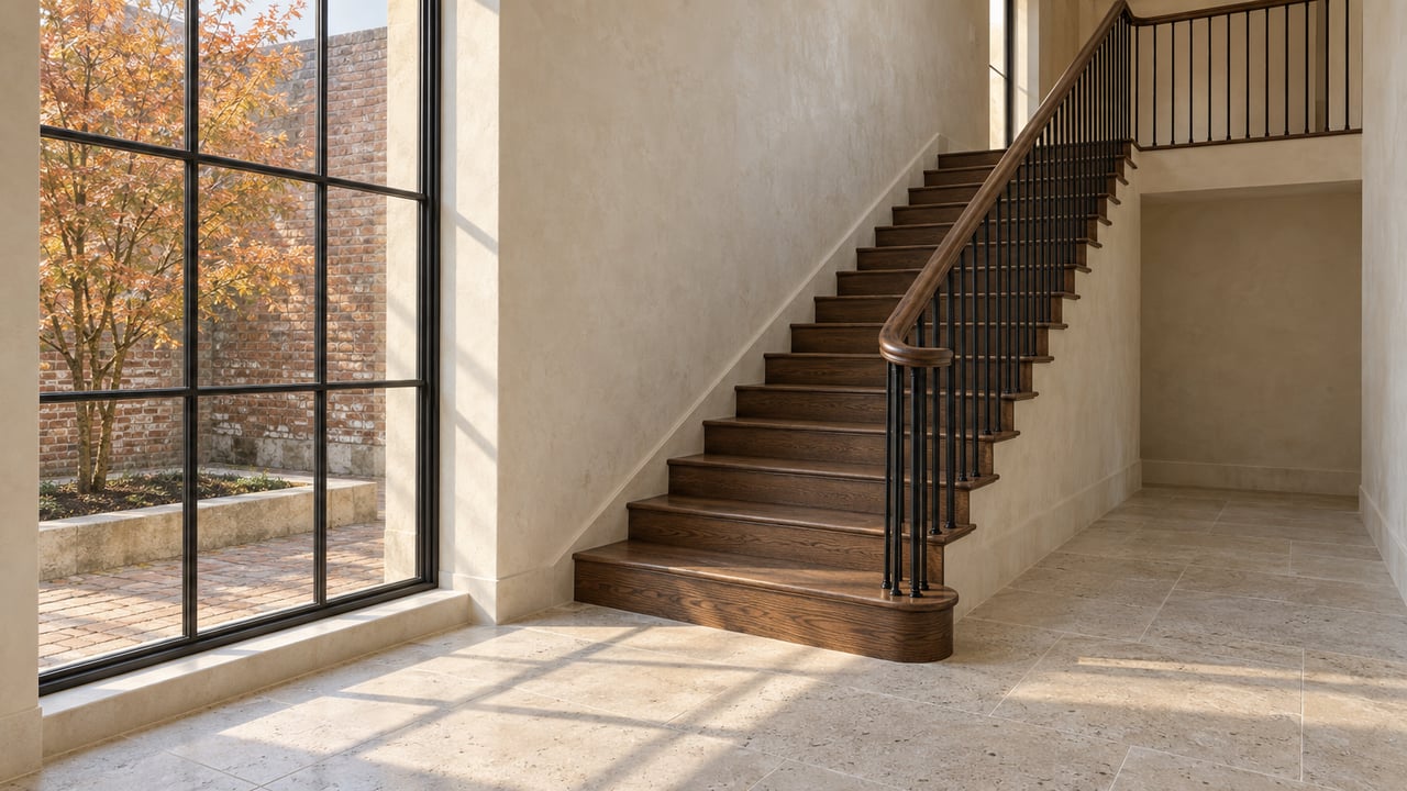 Sunlit plaster stair hall with dark oak stairs, a walnut handrail, limestone flooring and a steel-framed courtyard window.