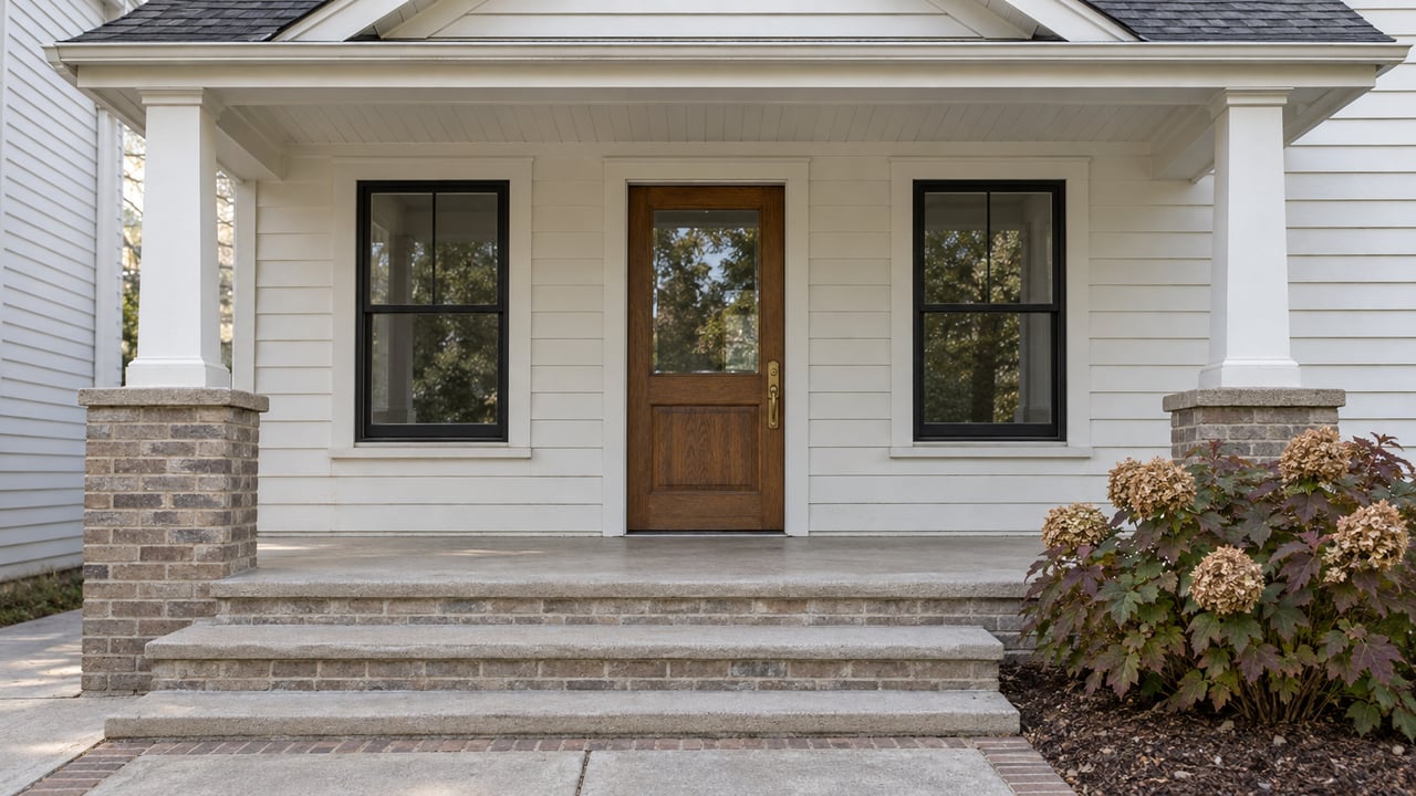 A covered entry on a compact white clapboard home, with an oak door, black-framed windows, concrete steps and autumn oakleaf hydrangea.
