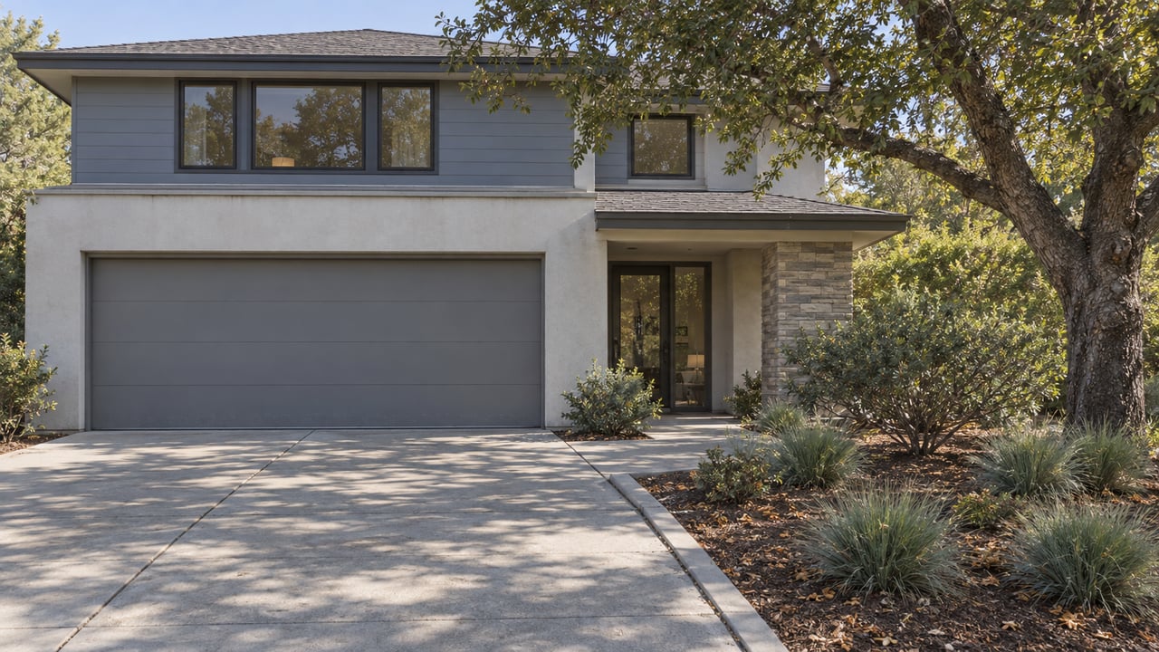 Updated two-story home with gray stucco, blue-gray lap siding, a concrete driveway and an oak beside a planted entrance.