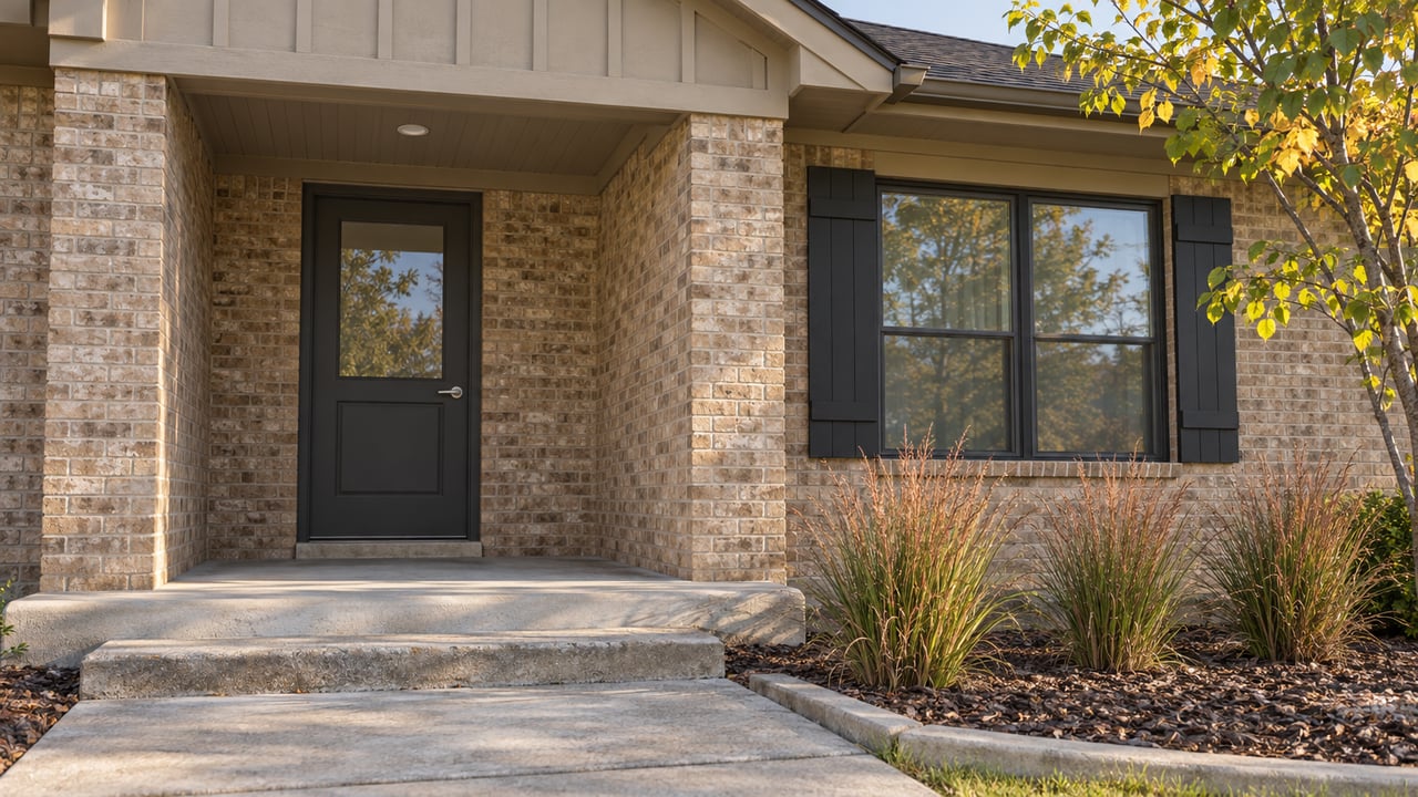 Morning light on a buff-brick home's recessed charcoal front door, concrete porch step and planted bed with autumn grasses.