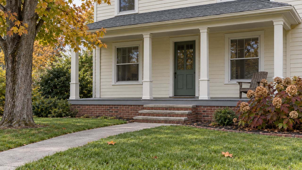 Cream-sided traditional home with a brick porch foundation, green front door, deep front lawn and autumn maple foliage.