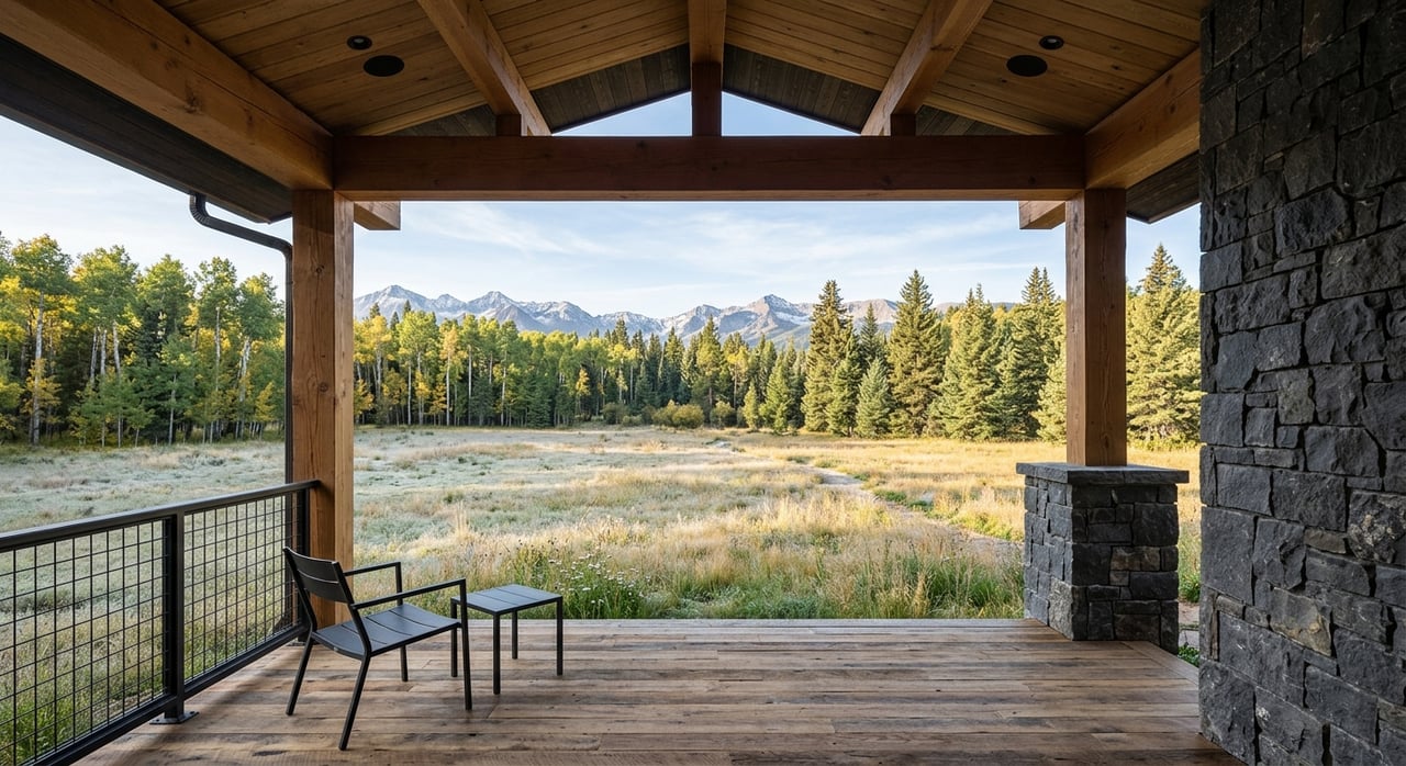 Stone porch opens onto a grassy meadow with a boulder, gravel path, and dense tree line.