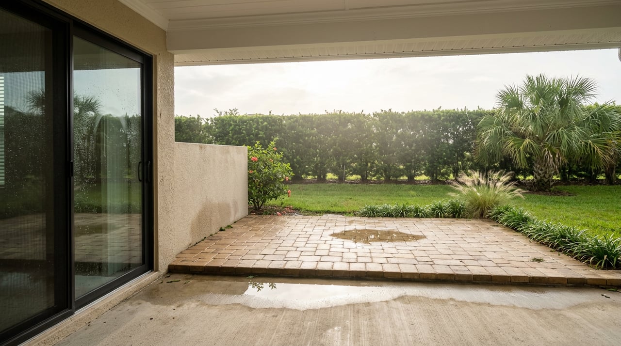 Rain-wet lanai opens onto a paver patio, with a shallow puddle, clipped hedge, and dripping palm.