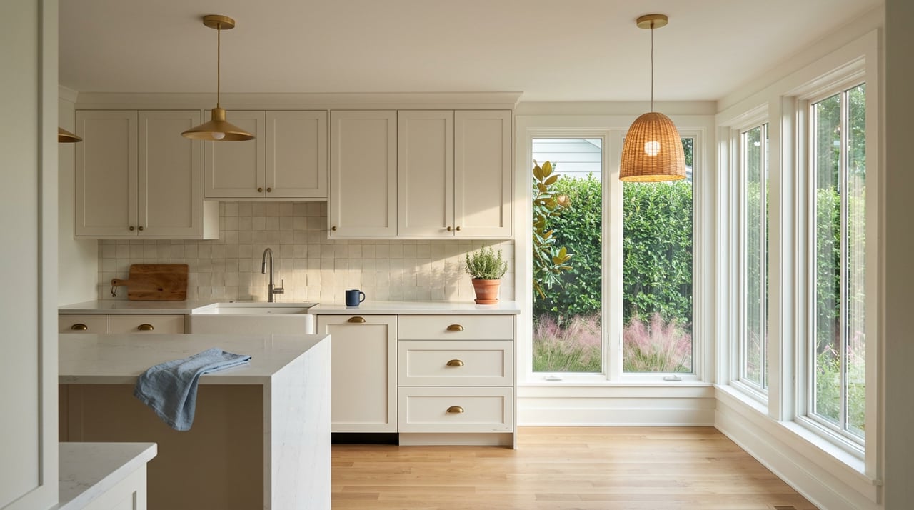 Bright kitchen with off-white cabinets, quartz island, blue tea towel, and greenery beyond tall windows.