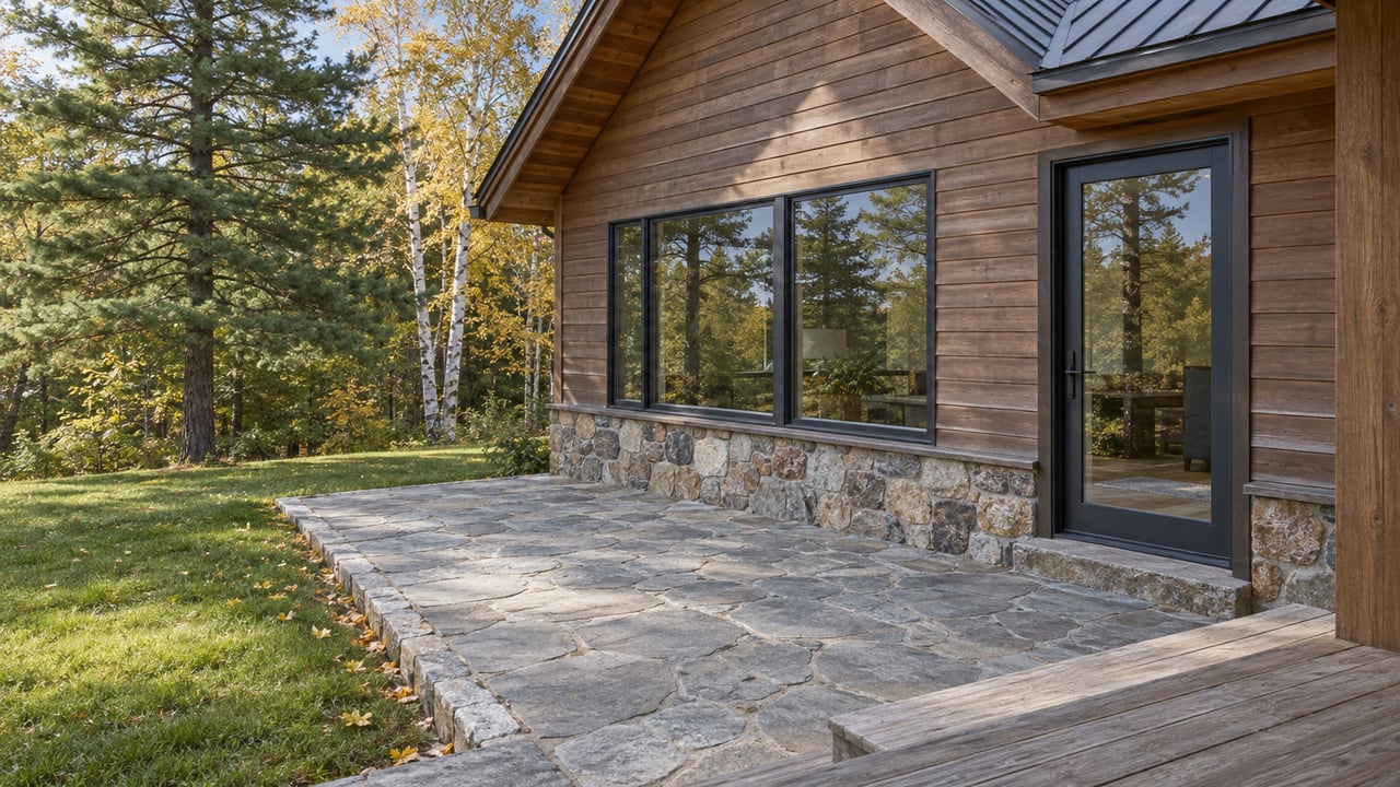 Cedar-clad gabled home beside a stone terrace, with weathered porch decking, white-barked birches and a mature pine in autumn light.