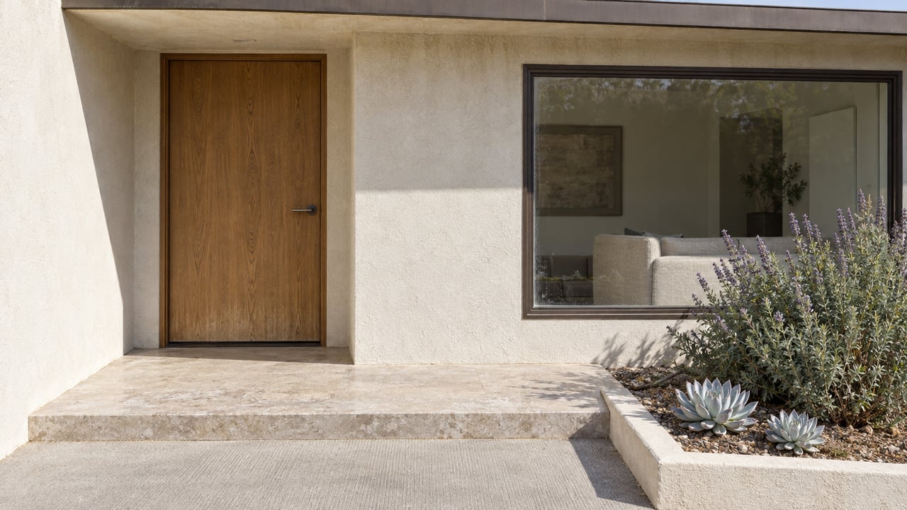 Sunlit ivory stucco entry with an oak door, bronze-framed picture window, limestone landing, and sculptural gray-green planting.