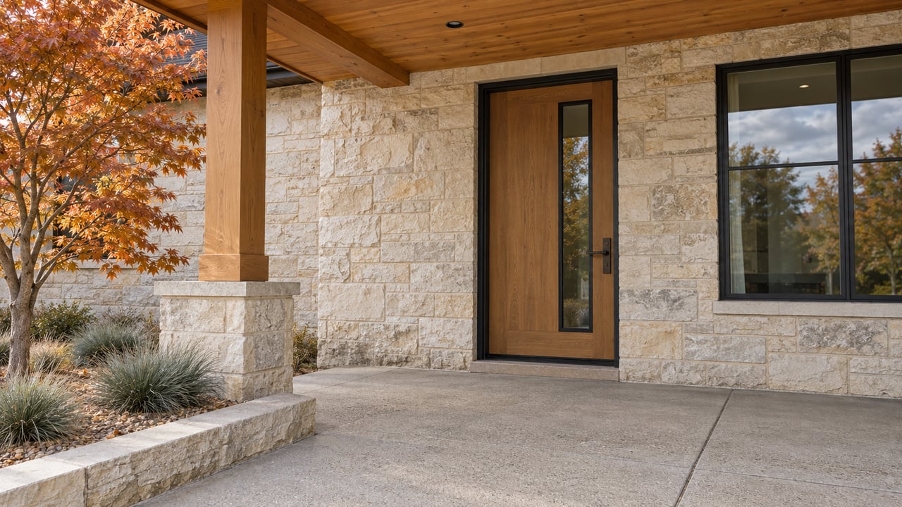 Covered home entrance with pale limestone, a timber ceiling, black-framed glazing and autumn maple planting beside a broad concrete landing.