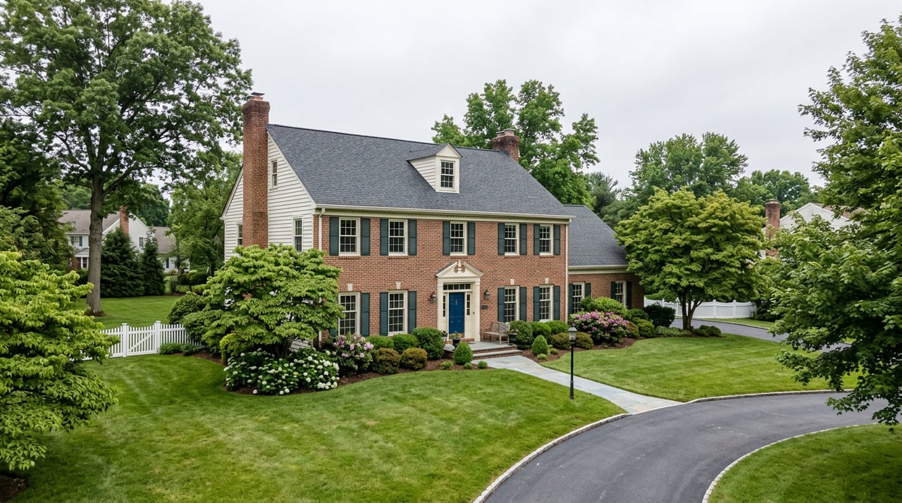Two-story colonial home with a center-hall entrance and deep front lawn, seen at an angle.