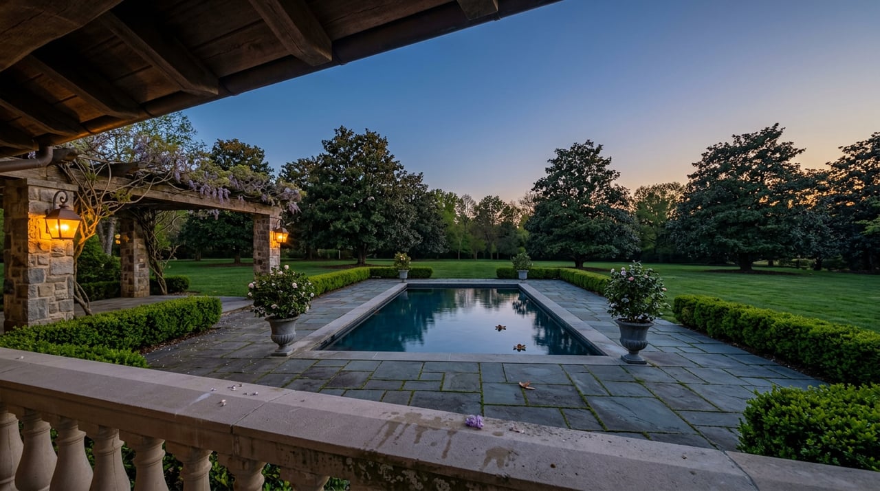 Stone terrace and still rectangular pool beneath a wisteria-covered loggia, with lanterns glowing at dusk.