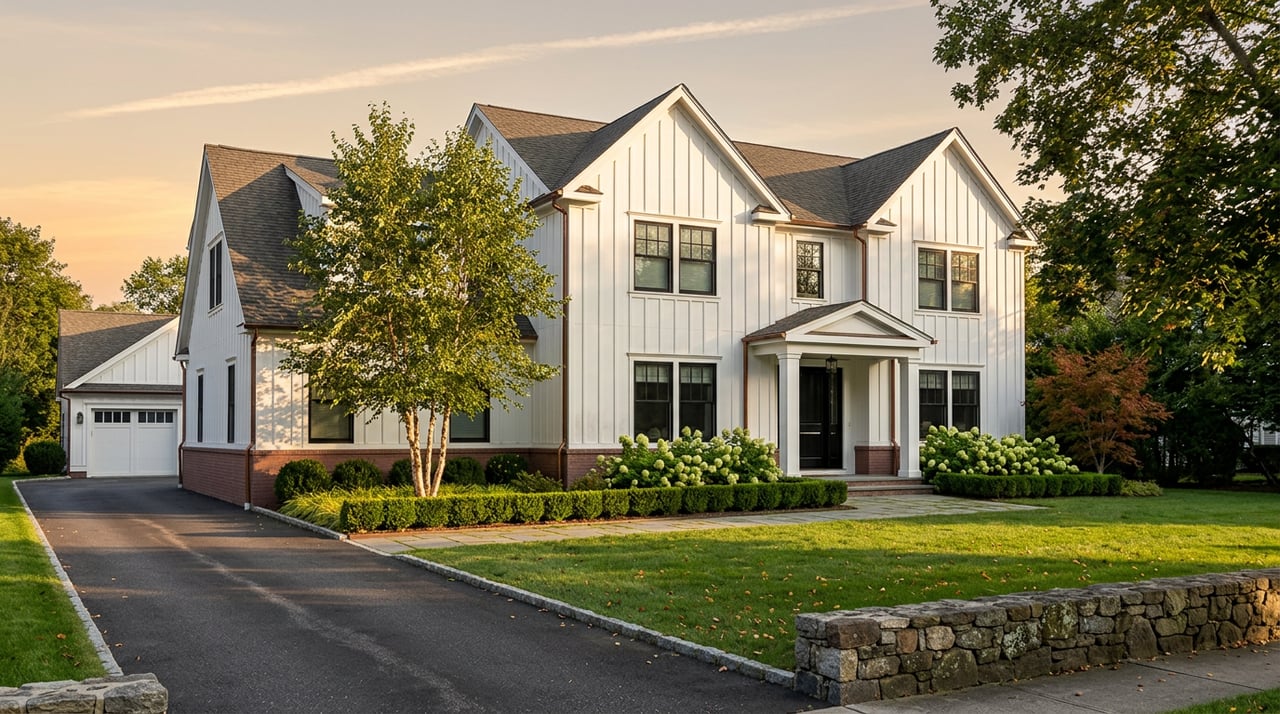 White gabled house with black-framed windows, columned entry, lawn, river birch, and curving driveway.