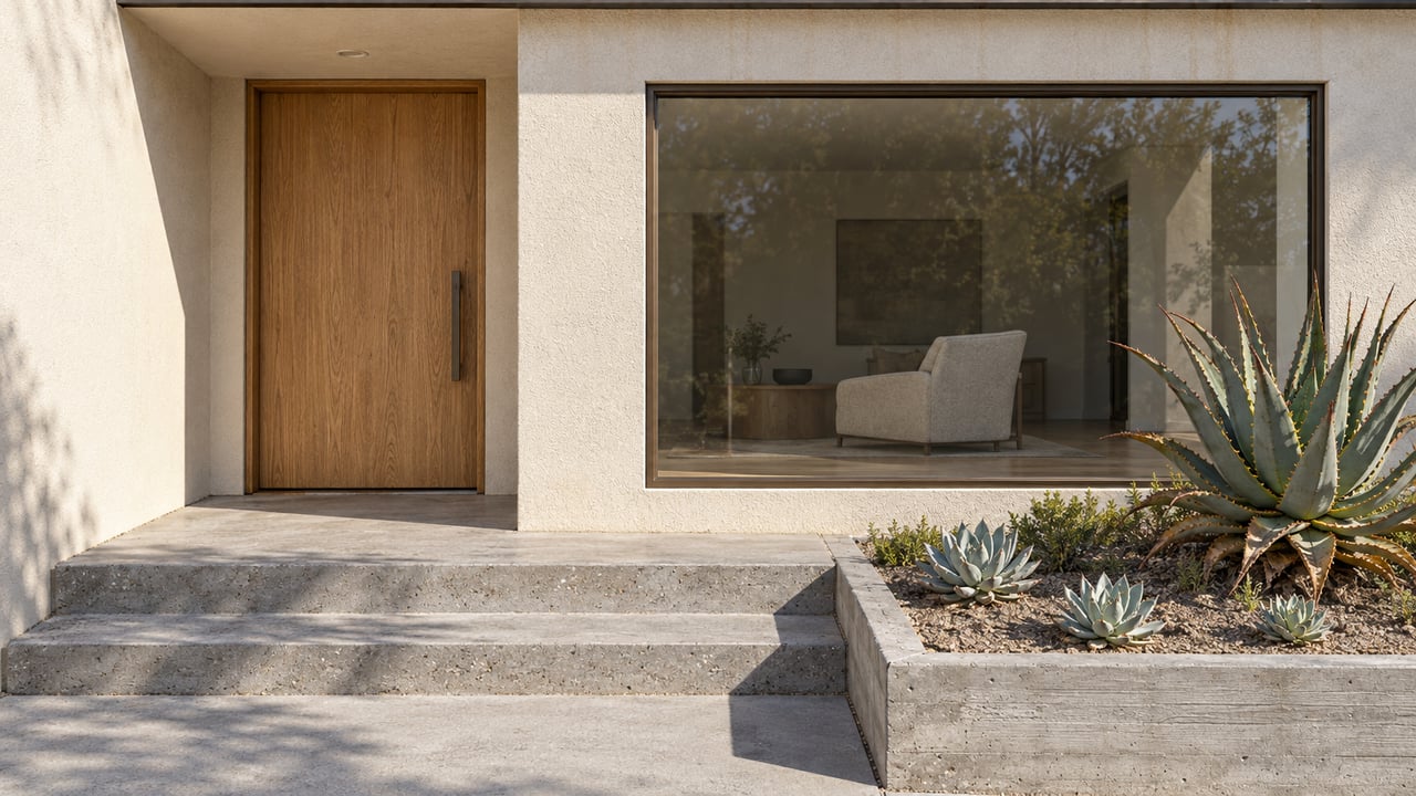 Modern home entry with a wood door, concrete steps, and agaves beside a large picture window.