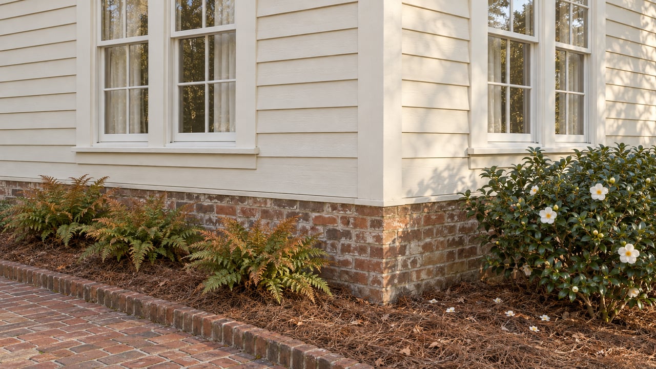 Ivory clapboard house corner with tall multipane windows, a weathered brick foundation, white camellia flowers, and copper-tipped ferns beside a brick approach.