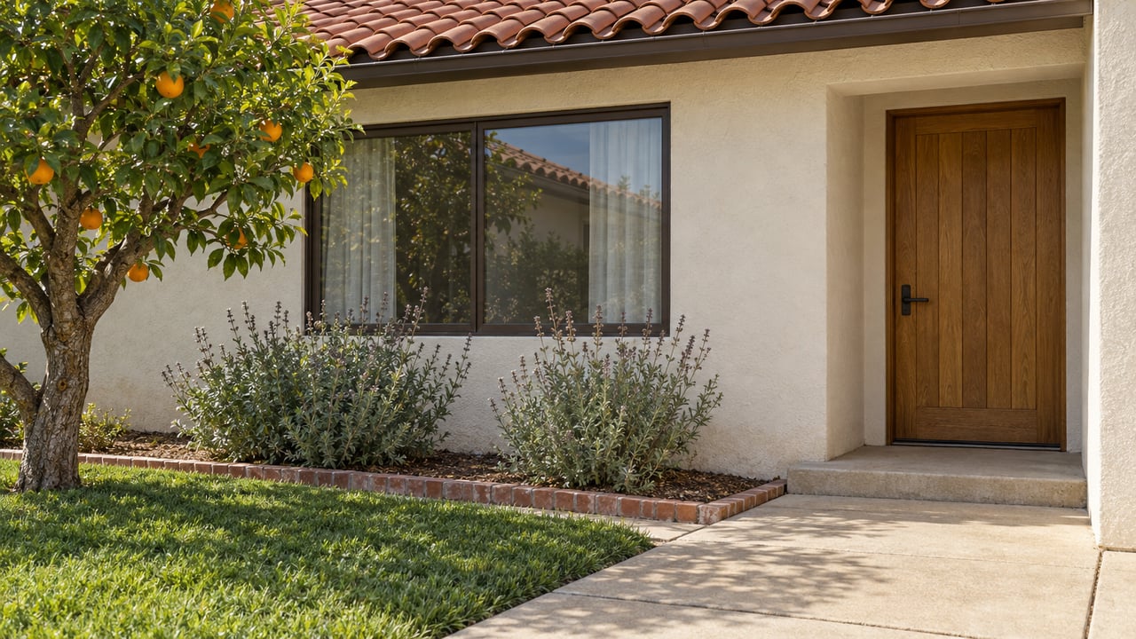 Sunlit stucco home with a red clay tile roof, recessed oak front door, dark-framed window and mature orange tree beside a brick-edged walk.