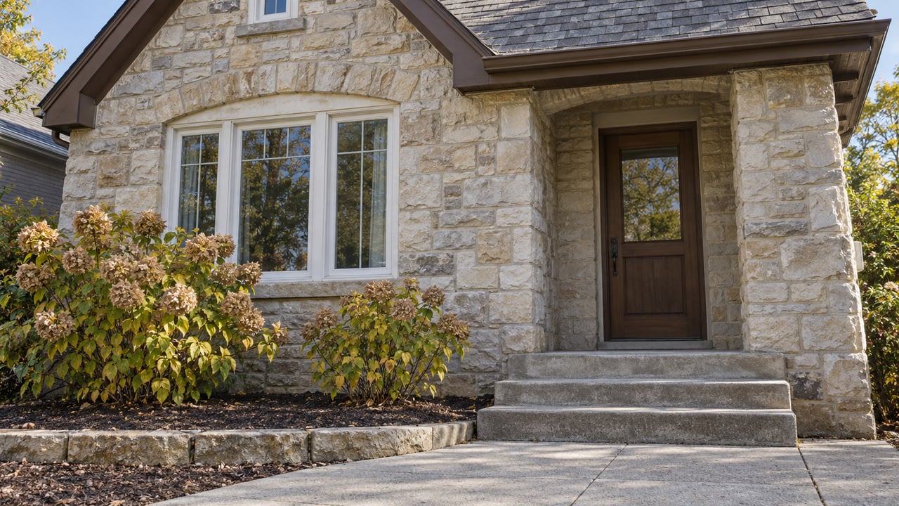 Cream limestone bungalow entry with a brown wood door, white-framed windows, worn concrete steps and autumn hydrangeas.