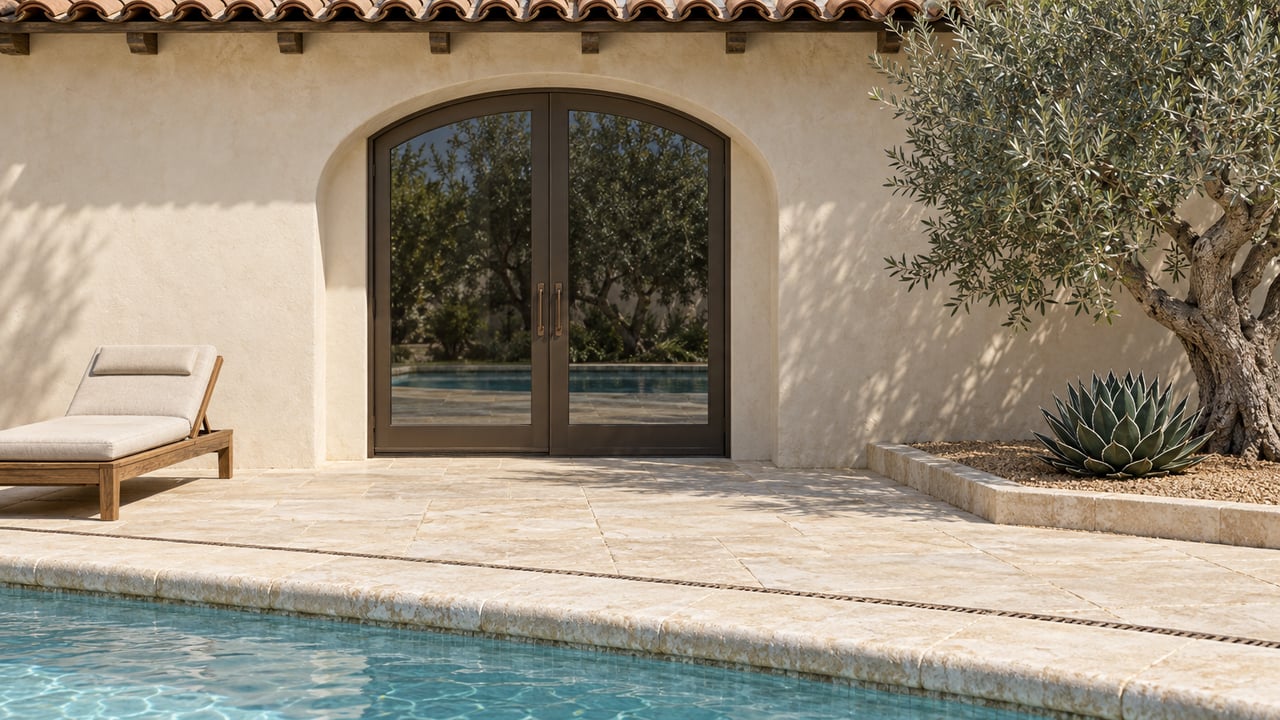 Sunlit stucco terrace with bronze-framed arched glass doors, limestone pool coping, a teak lounge, an olive tree and a compact agave.
