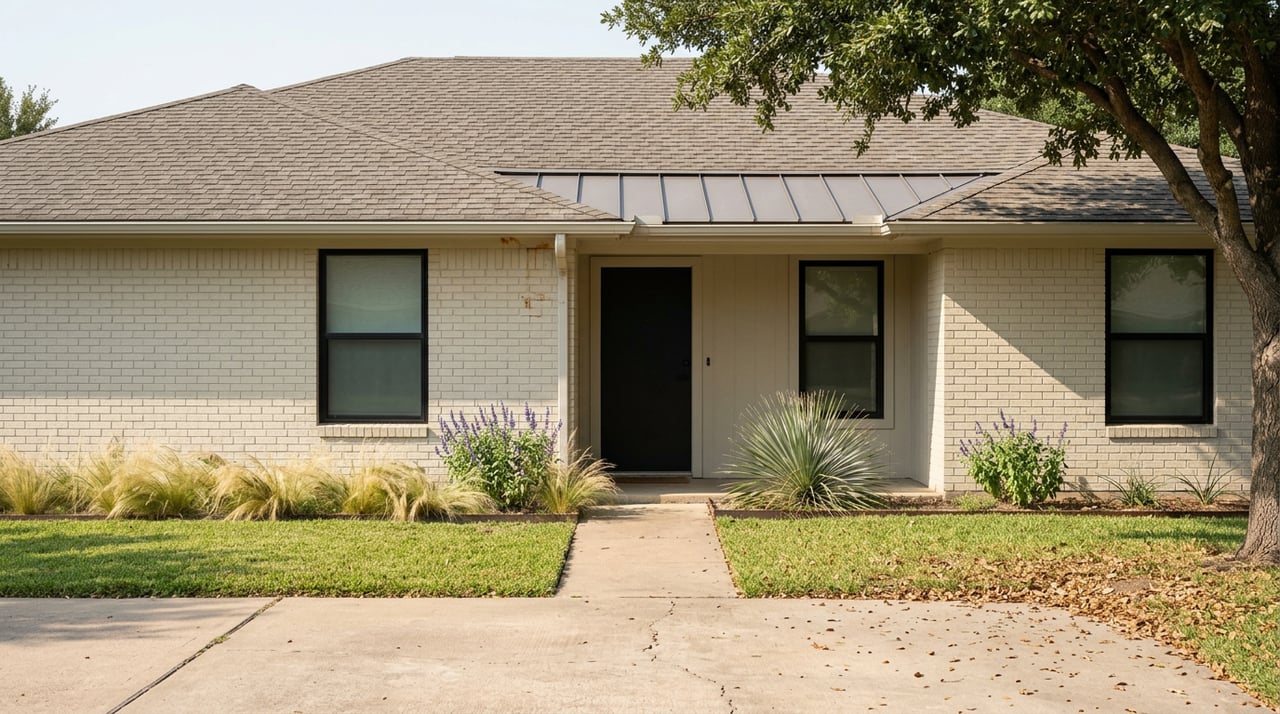 Single-story pale brick ranch with black-framed windows, a recessed steel door, and an oak canopy overlapping the roof.
