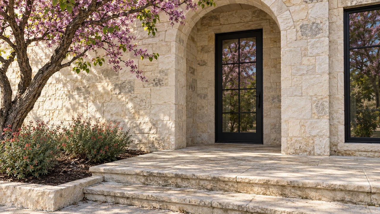 Limestone arched entry with a black glass door, adjacent window, and redbud beside shallow steps.