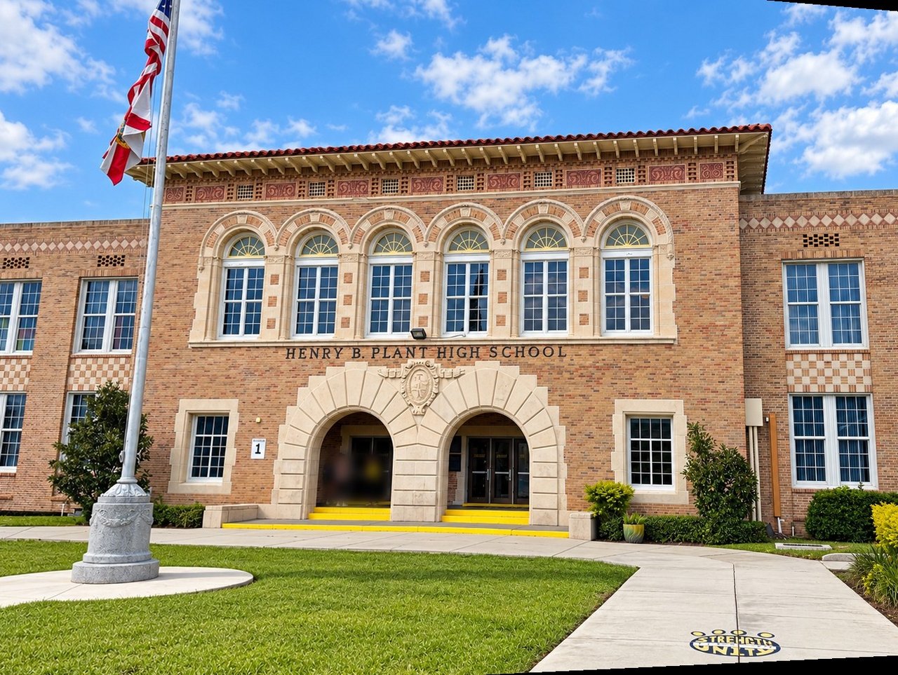 Henry B. Plant High School’s brick facade, arched windows, and central entrance.
