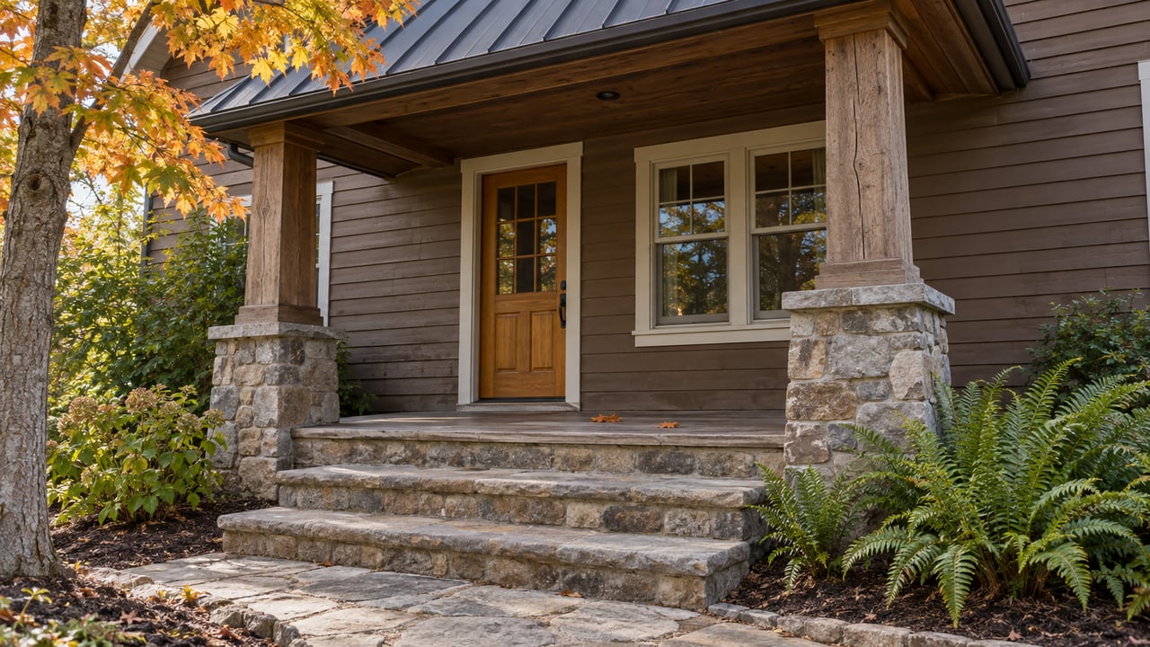 Timber-sided home with a covered porch, stone steps, autumn maple leaves and evergreen ferns.