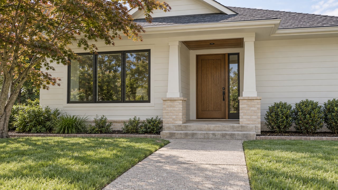 A wood-sided house with a recessed oak entry, brick porch base and concrete approach beside a mature Japanese maple.