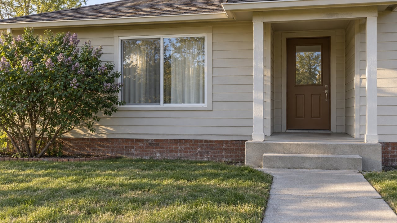 Afternoon light on a modest home's sheltered front entry, brick foundation, concrete approach, and uneven green lawn.