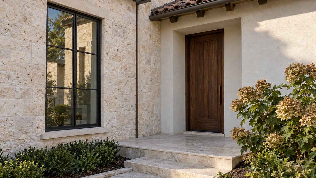 Cream limestone facade beside a recessed white-stucco entry, with a black steel window, walnut door, clay-tile eave and oakleaf hydrangeas.