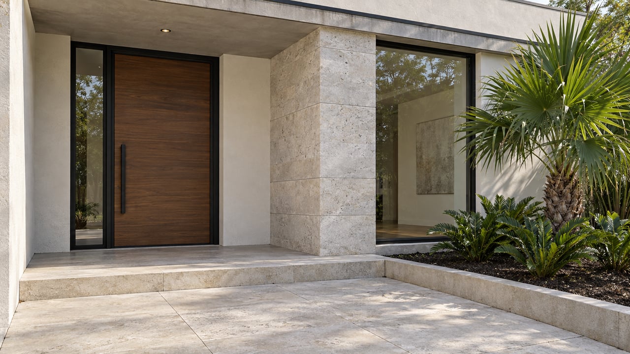 Contemporary home entry with a recessed wood door, black-framed glazing, limestone paving and sculptural fan-leaf planting.