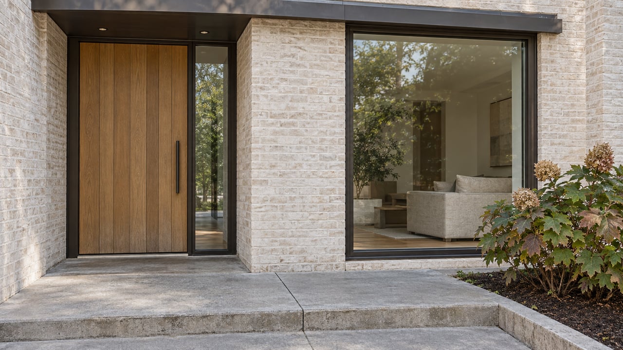 A modern home's recessed oak entry and tall bronze-framed window overlook a concrete terrace beside an oakleaf hydrangea.
