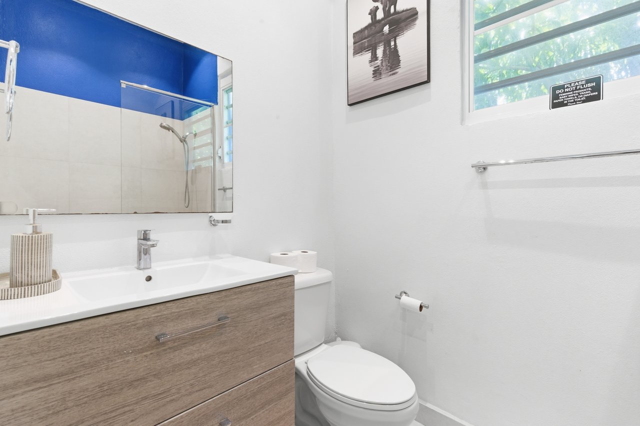 Bathroom with a wood-grain vanity, glass shower, blue accent wall, and high window.