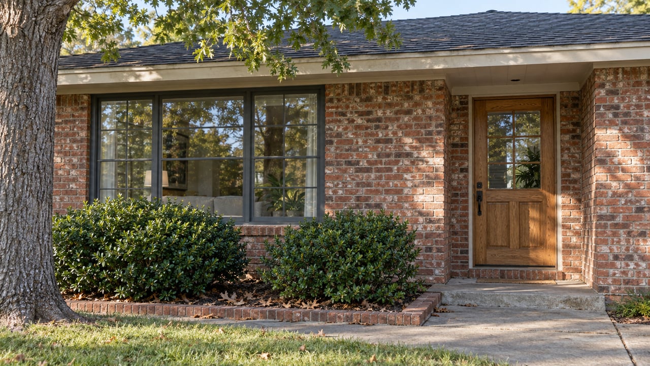 Single-story red-brick ranch with a recessed oak door, divided-light window, and brick-edged planting bed.