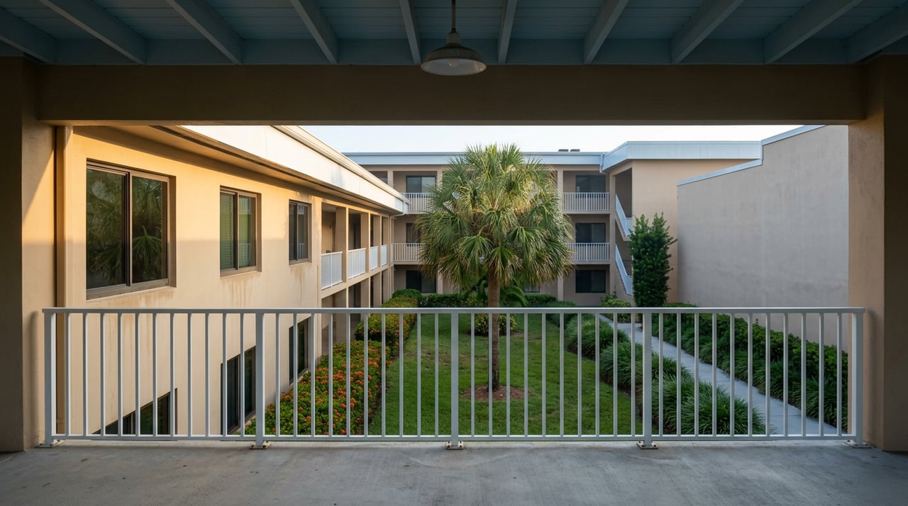 Stucco condominium wings face each other across a courtyard with a palm, flowering hedge, and shared walkway.
