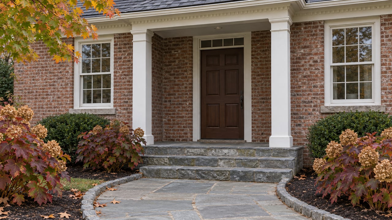 Traditional brick home entrance with white porch trim, weathered stone steps, and autumn hydrangeas beside a curved flagstone path.