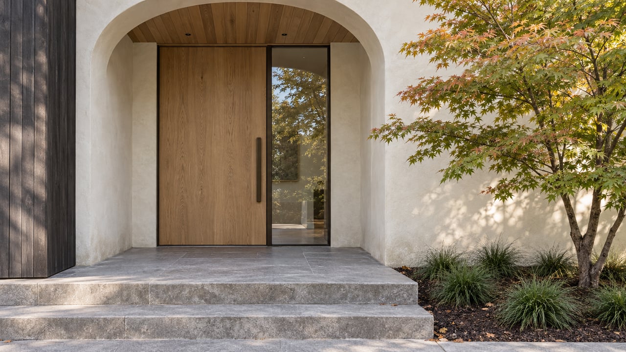 Plaster arched entry with an oak pivot door, bronze-framed sidelight and limestone steps beside a copper-tipped Japanese maple.