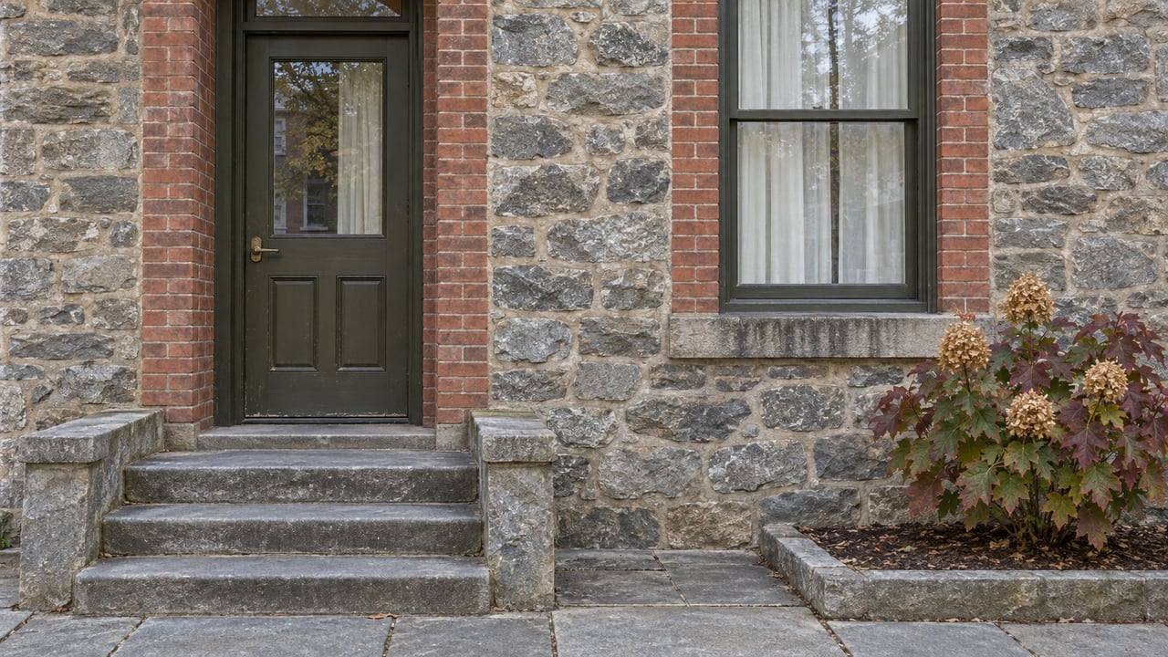 A closed olive-painted front door and sash window in a weathered stone and brick facade, above worn bluestone steps beside an oakleaf hydrangea.