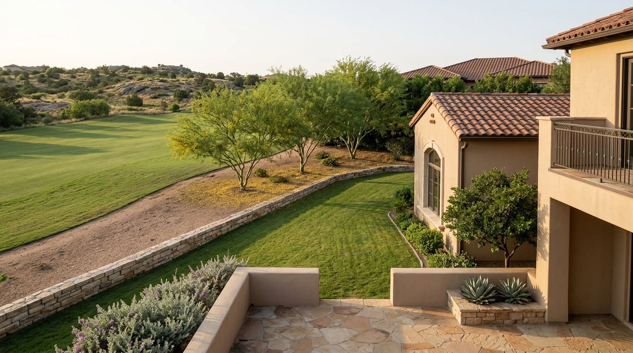 Flagstone terrace and landscaped lawn overlook a golf-course fairway, framed by palo verde trees and desert hills.