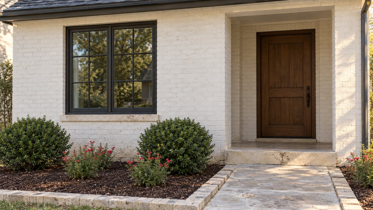 Compact off-white brick house with a recessed timber-door porch, limestone path, and clipped shrubs.
